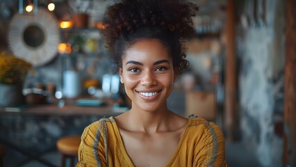Portrait of a confident female small business owner greeting visitors with a smile. Concept Portrait Photography, Small Business Owner, Greeting Visitors, Confident Female, Smiling Portrait - obrazy, fototapety, plakaty