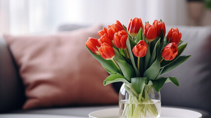 Red Tulips in Vase on Table