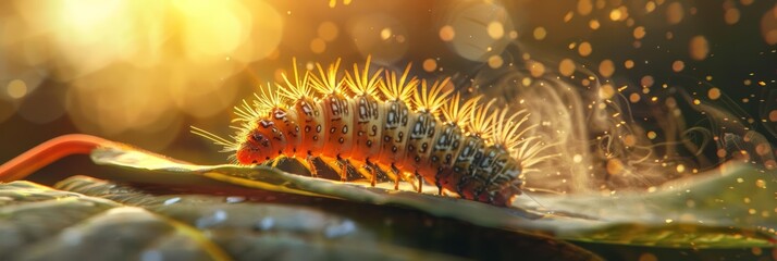 A caterpillar inches across a leaf, its tiny legs brushing away pollen and dust as it explores, its velvety body gleaming in the afternoon sun - obrazy, fototapety, plakaty
