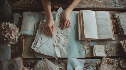 A serene morning of journal making, with a person binding pages and decorating covers, surrounded by fabric scraps, lace, and vintage buttons