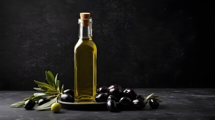 Closeup of glass bottle of Extra virgin olive oil with olives on black background for luxury designed market, shop poster, banner. Healthy mediterranean food. World Olive Day 26 November
