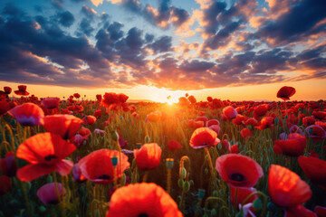 Field of Red Flowers Under Cloudy Sky