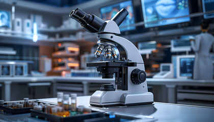 A microscope in a medical research laboratory, where scientists work tirelessly - obrazy, fototapety, plakaty