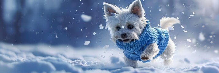 A playful puppy prances through the snow, its fluffy white fur contrasting with a bright blue...