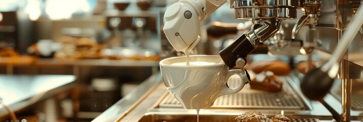 A robotic arm, adorned with a miniature whisk, froths a cloud of milk, its movements mimicking the graceful swirl of a human barista, ready for a robotmade latte to accompany the baked goods