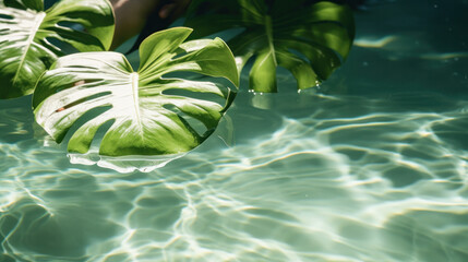 Large Green Monstera Leaves Floating in Water - 793114546