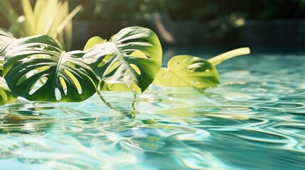 Floating Green Leaves on Pool Water - 793114585