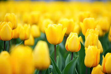 Field of Yellow Tulips With Green Leaves