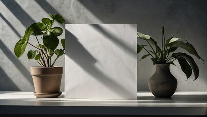 vertical sheets of textured white paper on soft gray table background, Mockup overlay with the plant shadows, Natural light casts shadows from an exotic plant, Horizontal orientation
