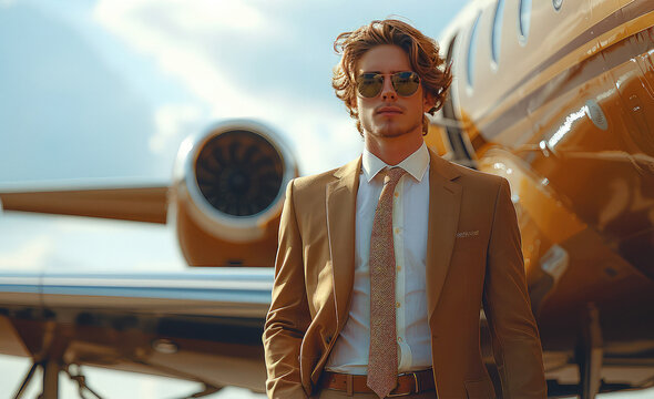 Stylish businessman exiting a private jet. The wind teases the businessman's hair and clothes, adding a sense of dynamic energy to the moment of his departure from the private jet.