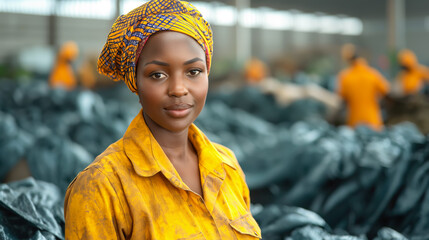 Smiling black female worker in safety gear works on sorting and processing recyclable materials - 793115308