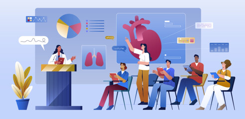 Medical education lecture or training course of doctors in clinic. Scientific conference for health professional. College students listening professor. Physician seminar about lungs or cardiac disease
