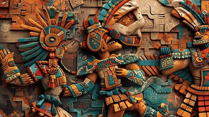 aztec fighting scene background texture with ceramic style