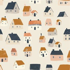 Cottages vector seamless pattern with soft color palette