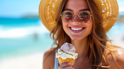 Fashionable young woman enjoying ice cream on a sunny beach holiday. - Powered by Adobe