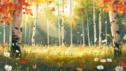 A beautiful autumn forest with colorful trees and wildflowers, warm sunlight shining through the leaves onto the grassy ground Generative AI