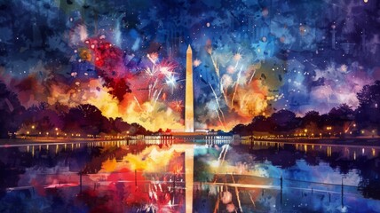 Fireworks Vibrant Independence Day Explosions over the Majestic Washington Monument in Traditional Watercolor Style - obrazy, fototapety, plakaty