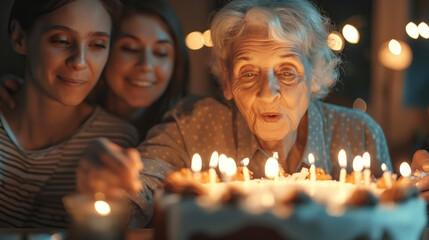 An elderly woman blowing out candles on a birthday cake surrounded by her loving family - 793115986
