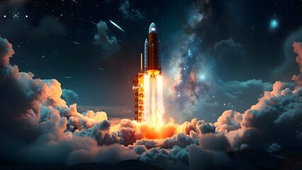 Rocket launch symbolizes growth for small and corporate businesses through technology. Concept Technology, Business Growth, Rocket Launch, Corporate Success, Small Business Success