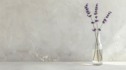 Fototapeta na wymiar Minimalist Glass Vase Showcasing a Lone Lavender Sprig A Calm and Fragrant Moment