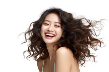 Portrait shot of Asian beautiful young woman with curly hair and happy joyful attractive smile, isolated on transparent png background.