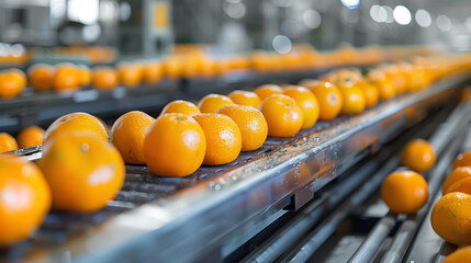 Vibrant oranges on conveyor belt in food processing plant. Journey from farm to table - 793116930