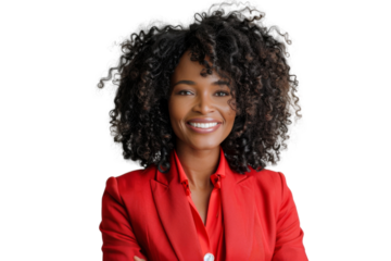 Portrait of beautiful African American Business woman wear bright suit and shirt posing with smart and confidence isolated on transparent png background.