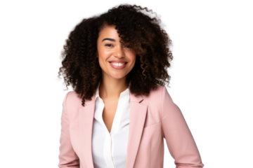 Portrait of beautiful African American Business woman wear bright suit and shirt posing with smart and confidence isolated on transparent png background.