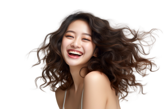Portrait shot of Asian beautiful young woman with curly hair and happy joyful attractive smile, isolated on transparent png background.