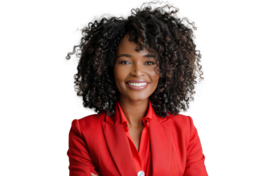 Portrait of beautiful African American Business woman wear bright suit and shirt posing with smart and confidence isolated on transparent png background.
