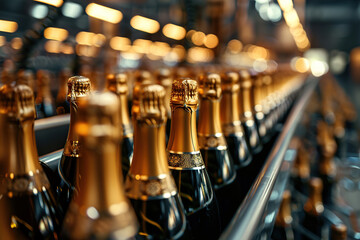 Champagne bottles on the conveyor belt at factory