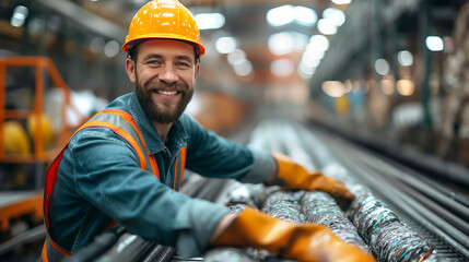 Smiling Worker in a yellow hard hat at Waste Management Plant - 793117316
