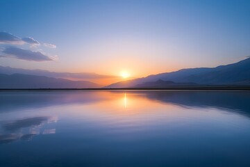 Fototapeta premium Breathtaking Sunrise Reflection on Serene Mountain Lake with Ethereal Atmosphere