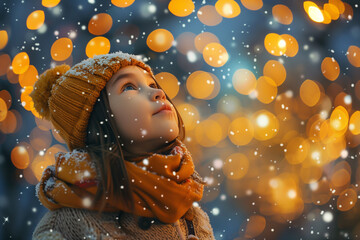 Joyful Christmas Moments: Little Girl Playing with Festive Lights in Snowfal