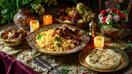 Richly decorated table with traditional Eid al-Adha dishes, pilaf, lamb, flatbreads, and fruits.Table is adorned with tablecloth with Islamic patterns