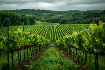 A lush green vineyard with grapevines stretching as far as the eye can see.