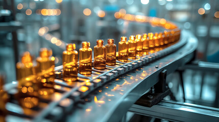 Conveyor Belt carrying rows of small glass medicine bottles of pharmaceutical production - 793117590