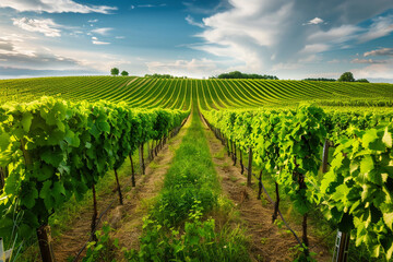 Fototapeta na wymiar A lush green vineyard with grapevines stretching as far as the eye can see.