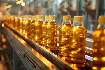 Sunflower oil in the bottles on production line