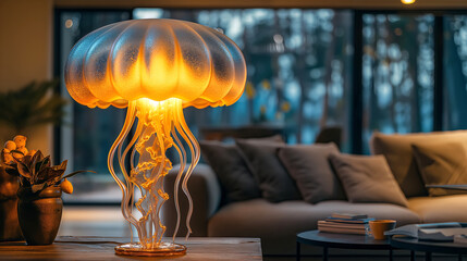 Modern living room with accent jellyfish table lamp on coffee table - 793118136