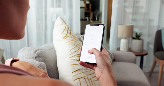 Hands, phone screen and girl with application for gym membership with search for discount on web. Woman, smartphone and reading with info, subscription or ux for fitness, exercise or booking in home