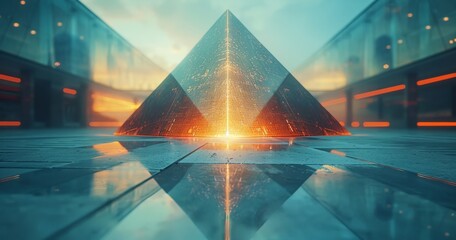 A glass pyramid with a reflection of a blurred sunset city lights in it on a reflective surface with a blurry background. - obrazy, fototapety, plakaty