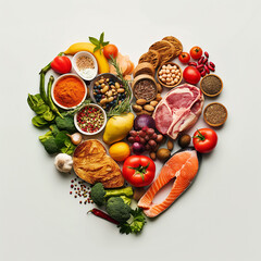 Zdrowa, zrównoważona dieta, składniki odżywcze, piramida żywieniowa. Serce z produktów spożywczych 