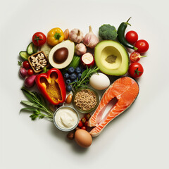 Zdrowa, zrównoważona dieta, składniki odżywcze, piramida żywieniowa. Serce z produktów spożywczych  - obrazy, fototapety, plakaty