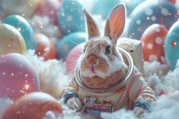 Experience Easter like never before as our bunny astronaut rockets through space in search of holiday wonders! - obrazy, fototapety, plakaty