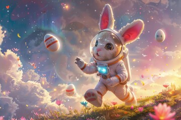 Experience Easter like never before as our bunny astronaut rockets through space in search of holiday wonders! - obrazy, fototapety, plakaty