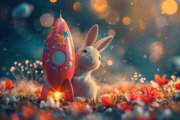 Experience the thrill of Easter exploration as our bunny astronaut propels through space in an egg-themed rocket! - obrazy, fototapety, plakaty