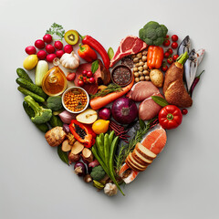 Zdrowa, zrównoważona dieta, składniki odżywcze, piramida żywieniowa. Serce z produktów spożywczych  - obrazy, fototapety, plakaty