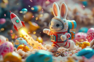 Explore the outer realms of Easter excitement as our bunny astronaut takes flight in an egg-cellent rocket adventure! - obrazy, fototapety, plakaty