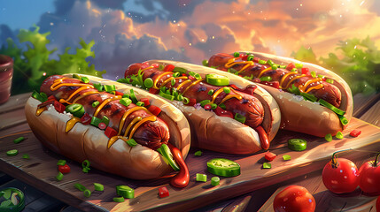 hot dog on table, three three hot dogs - obrazy, fototapety, plakaty
